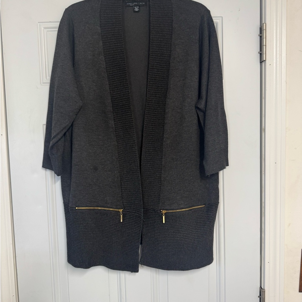 Charcoal Gray Cardigan with Gold Zipper Accents 3/4 sleeves Lightweight
